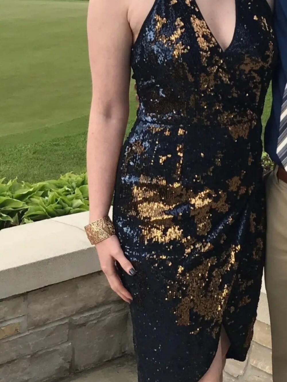 Halston Heritage Navy Blue Sequin Halter Faux Wrap Cocktail Midi Dress Size L